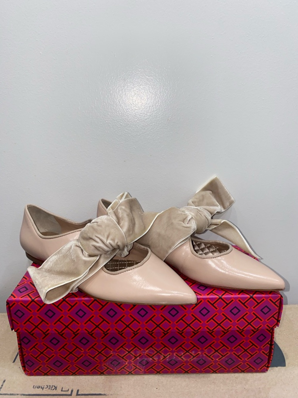 Tory Burch Blush Patent Pointed-Toe Flats with Velvet Bow